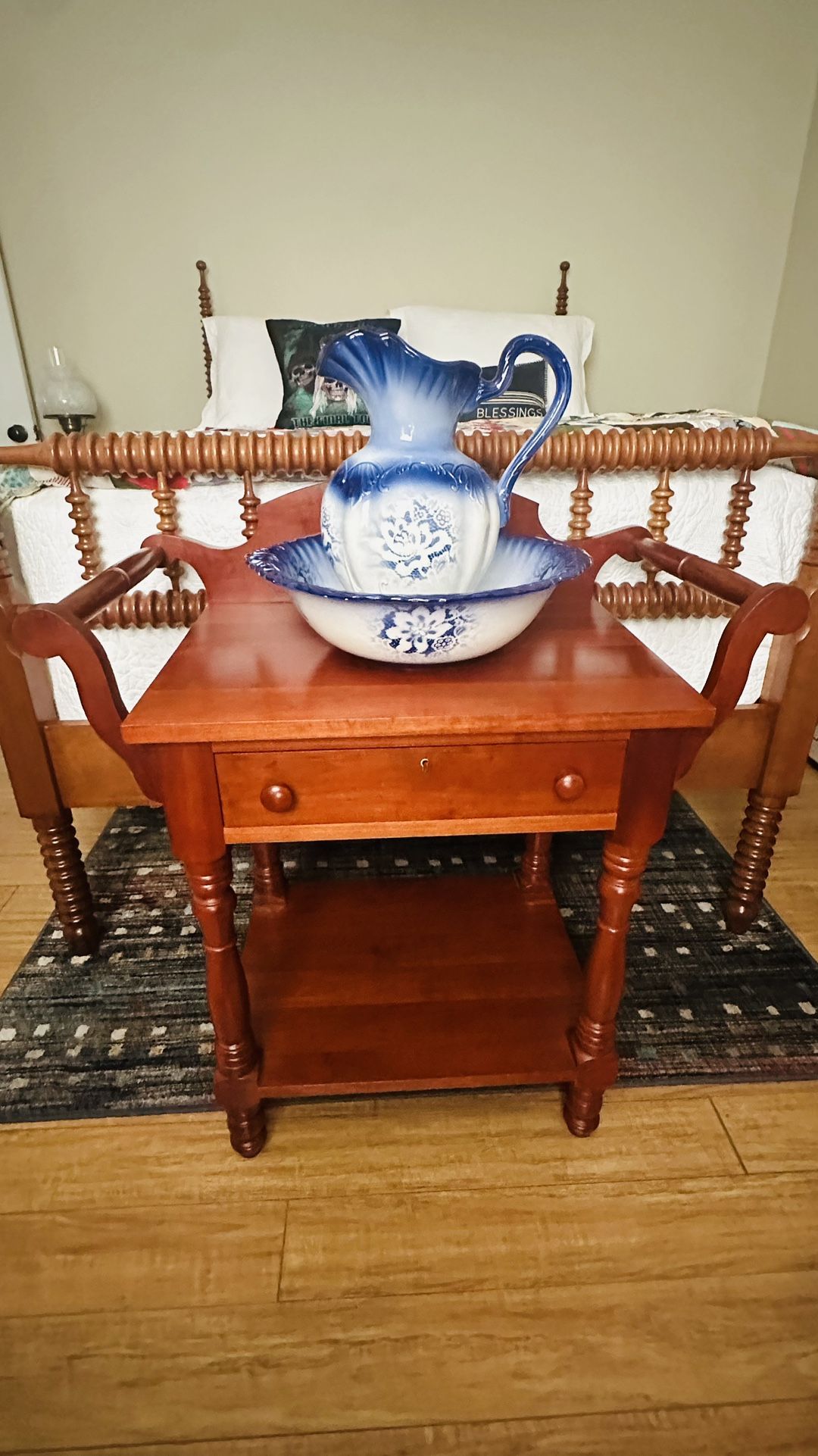 Late 60’s Early 70’s McMahan Cherry Wash Stand And Blue Pitcher And Bowl