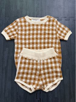 Bebe organic kids knit brown & white plaid set