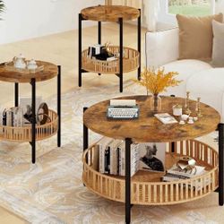 3 Pieces Coffee Table Set for Living Room, Boho Living Room Table Set with Rattan Storage Shelf and Metal Frame, Round Coffee Tabl