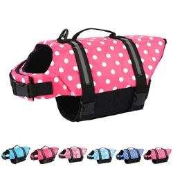 Dog Life Jacket, Reflective Medium/Large Dog Life Vest, Adjustable Dog Flotation Vest with Rescue Handle Size L, Pink Dot