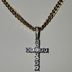 18K Gold Plated Cross Pendant With Cuban Chain
