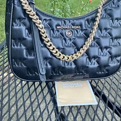 Michael Kors Jet Set Black Leather Small Shoulder Bag with Gold Chain Strap