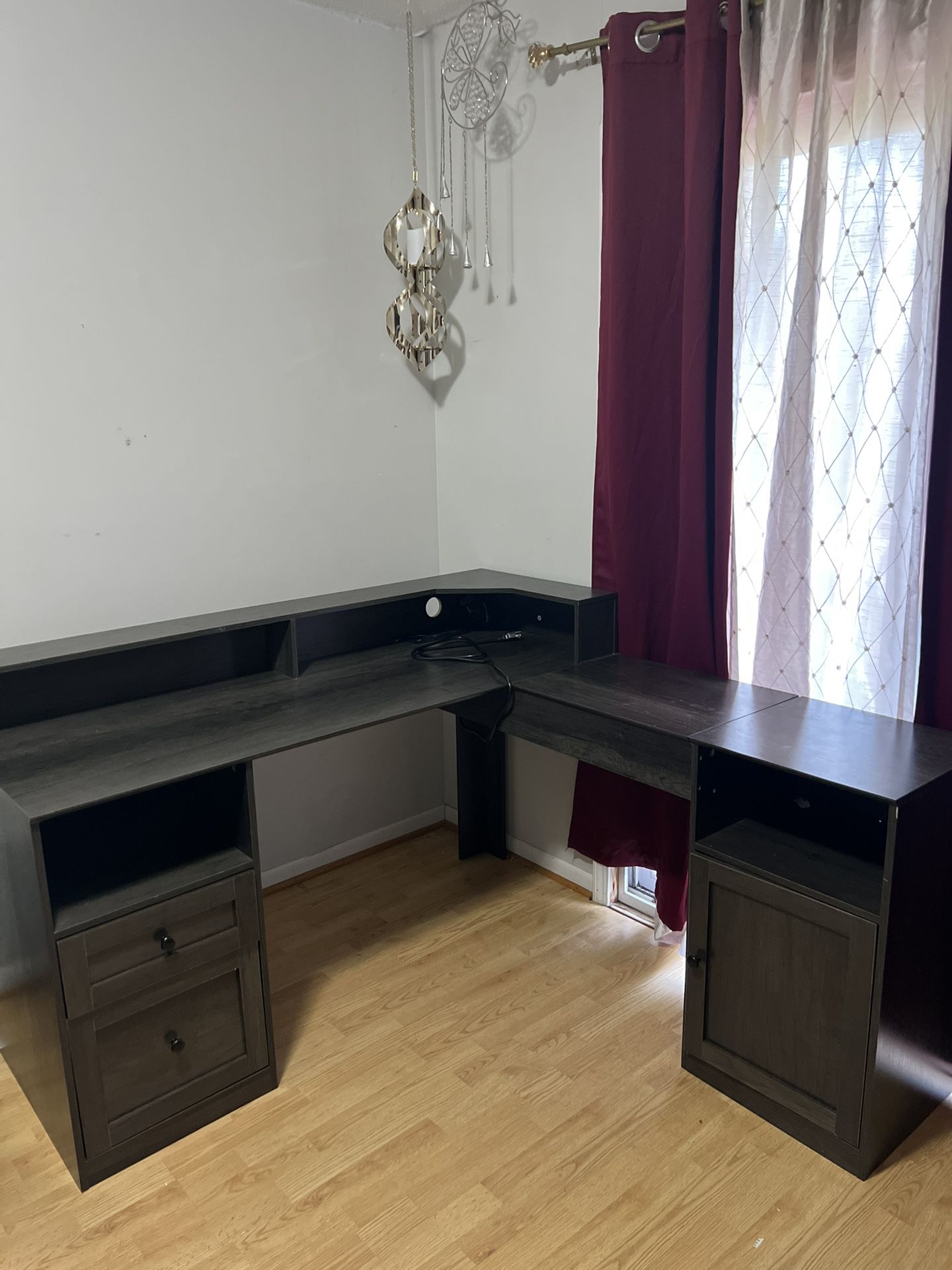 Dark Wood L-Shaped Corner Desk with Cabinets & Drawers