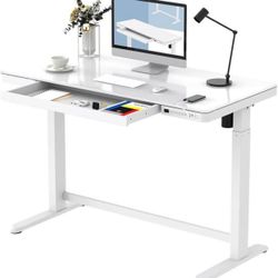 White Flexispot Adjustable Standing and Sitting Glass Top Desk 