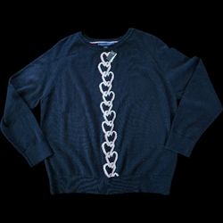Tommy Hilfiger Womens Chained Heart Navy Raglan Pullover Sweater SZ Large NWT 