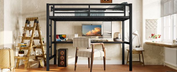 Metal Twin Size Loft Bed with Power Outlet and LED Lighted, Space-Saving, Noise Reduced, Black