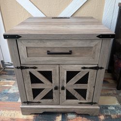 Farmhouse End Table with Charging Station, 24" Large Sofa Side Table with Drawer, Large End Table for Living Room, Wooden Nightstand with Outlet, Squa