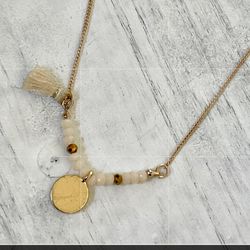 Gold Tone Dainty Charm Tassel  Disc Necklace 