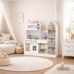 Play Kitchen, Large Toy Kitchens for Kids with Storage System, Playset Chef Pretend for Toddlers with 14 Pcs Toy Food & Cookware Accessorie 11.8" D x 