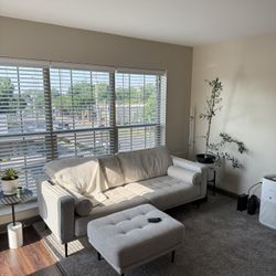 Signature Design by Ashley Caladeron Mid-Century Modern Chenille Sofa With Ottoman, Off-White