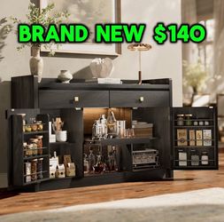 Black bar buffet 55" Sideboard Buffet Cabinet with Charging Station & LED Light, Coffee Bar Cabinet with Drawers, Pull-Out Shelf & Door Rack, Modern S