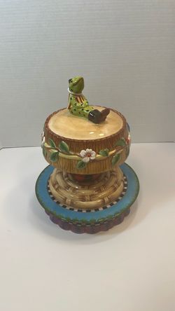 This is a vintage House of Hatten covered cake stand designed by Peggy Fairfax Herrick