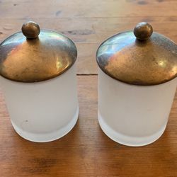 Pair Of Small Frosted Glass Containers With Metal Lids