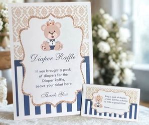 ROYAL BEAR PRINCE boy blue baby shower - Diaper Game sign and cards