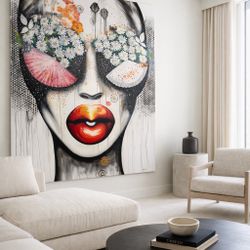 Oversized Contemporary Portrait Acrylic on Canvas, Large Floral Pop Art Statement Painting