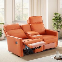 62.6-in W Orange Loveseat Recliner Sofa with Console and Cup Holders