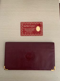 Authentic Cartier Must De Cartier Burgundy Leather Long Wallet Gold Corners