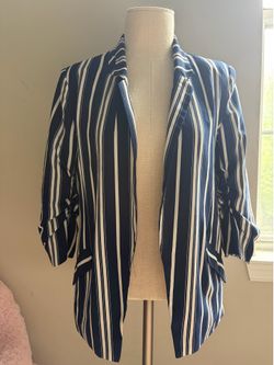 MIMEDIANO Navy White Striped Notch Lapel Blazer Jacket Women’s M 3/4 Sleeve