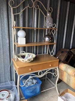36” w x 18” d x 77”h Metal grayish taupe color 3 wood shelves 2 wood drawers and bottom shelf Excellent condition From smoke free home