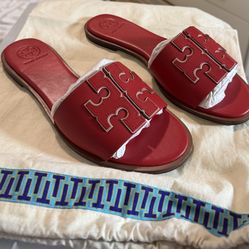 New Tory Burch Red Leather Slide Sandals Size 8