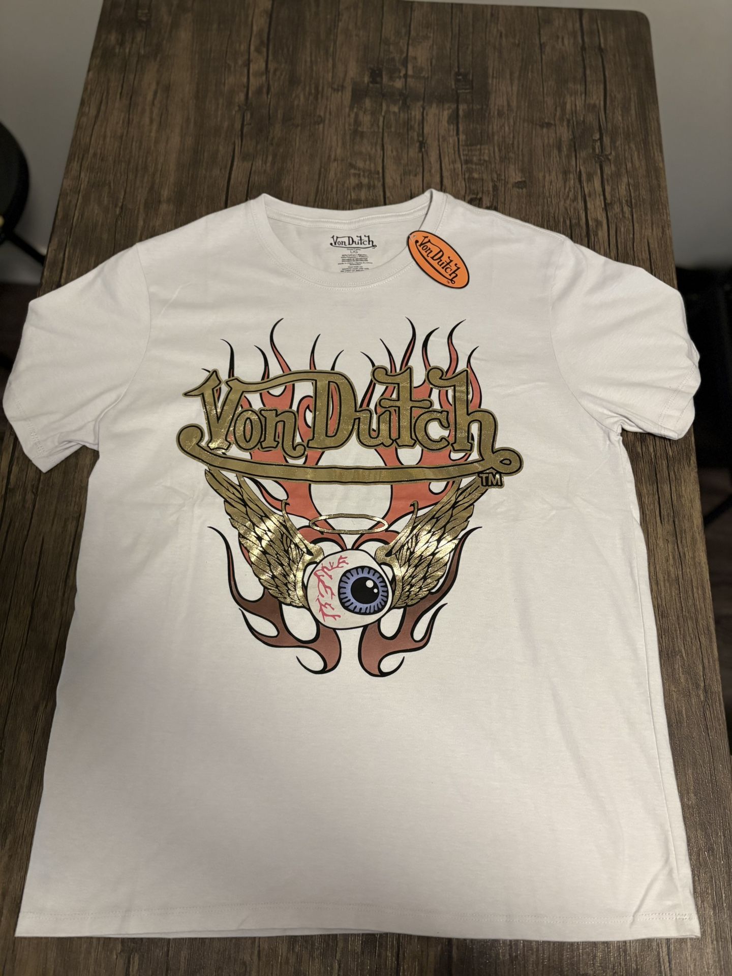 Von Dutch Flying Eye Ball Gold Reflective Logo T-shirt Size L