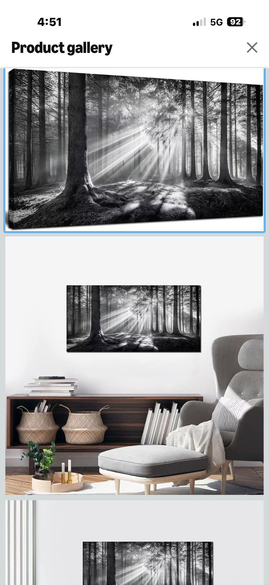 Black and White Misty Forest Wall Art for Living Room Trees Large Nature Canvas Artwork for Bedroom Office Home Decor Ready to Hang 20"x40"