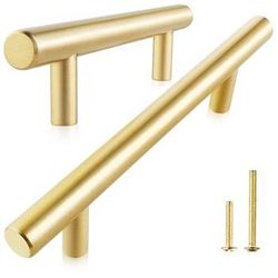 QOGRISUN 5-Pack Solid Brass Cabinet Pulls, Gold Euro Style T Bar Handles, 6-1/4-Inch Hole Center for Kitchen Drawer Dresser Cupboard, 8.7-Inch Total L