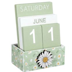 AceOrbit Green Daisy Flower Wood Block Perpetual Calendar Coquettish Desk Decor Cute Month Week Date Display Decorative Block Calendar For Women Offic