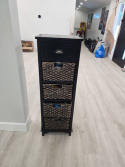 Black Wood Storage Tower with Wicker Baskets