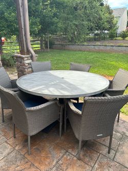7-Piece Outdoor Patio Dining Set - 59" Table & 6 Wicker Chairs with Cushions