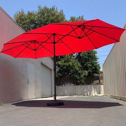 (New in box) $130 Large 15FT Double Sided Outdoor Umbrella w/ 65 LBS Plastic Weight Base (Red/Gray)