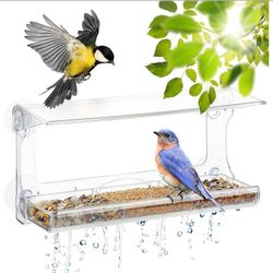 Window Bird Feeder with 3 Section Tray and Roof Cover, Weatherproof Outdoor Suction Cup Hanger Acrylic Plastic Bird Feeder , Clear