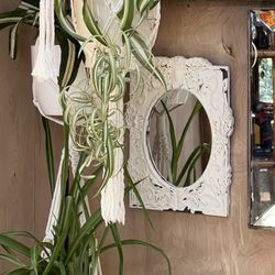 Distressed Mirror Shabby White Finish Floral Ornate Cottage Farmhouse Chippy Vintage Rustic Look