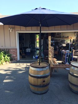 Wine barrel umbrella table