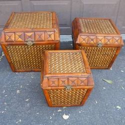 Set of 3 Wood and Rattan Chests 
