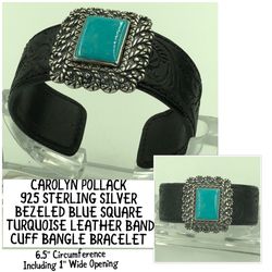 Carolyn Pollack 925 STER Silver Turquoise Carved Leather Band Cuff Bangle Bracelet