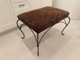 Leopard Print Upholstered Bench / Vanity Stool – Black Iron Base