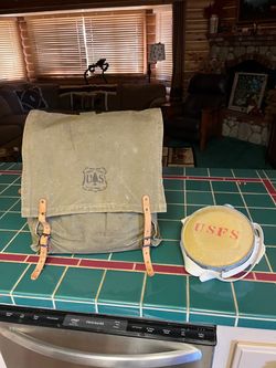 Vintage USFS backpack, and 2 quart canteen