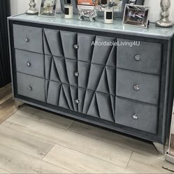 Grey Velvet Dresser W/ Acrylic Knobs Brand New In Box 