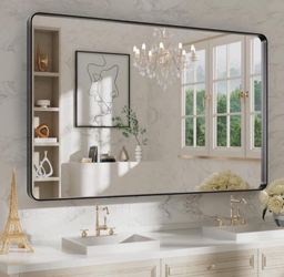 WEER 48X30 Inch Black Metal Framed Bathroom Mirror, Matte Black Bathroom Vanity Mirror, Rectangular Black Wall Mirror for Bathroom, Tempered Glass,  $