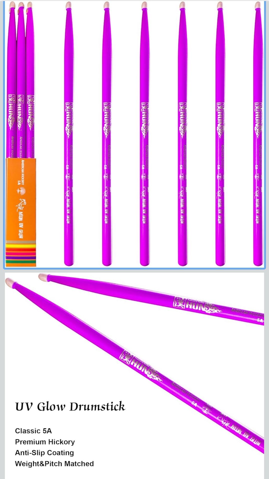 3-pairs(Purple),Neon UV Glow Drum Stick,Classic 5A Drum Stick, Hickory Drum Stick, for Acoustic or Electronic Drum, wood drumstick glow under black li