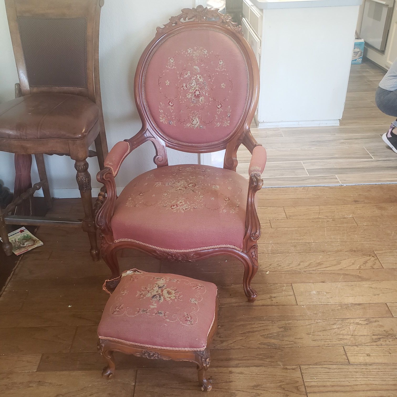 Antique arm chair and stool $150