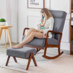Rocking Chair Ottoman Set, Mid-Century Upholstered Nursery Glider with Pillow (Gray)