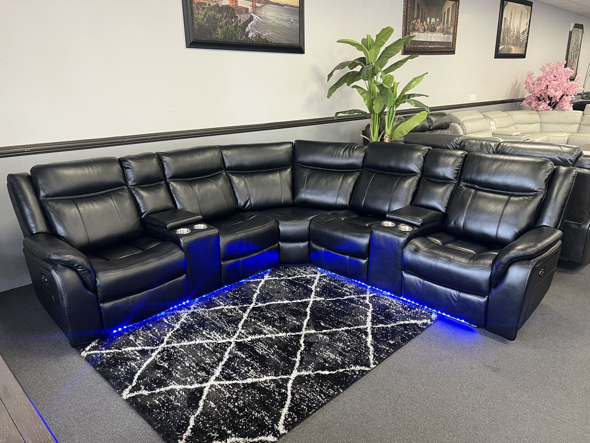 Black Leather Sofa Sectional w/ LED Lights