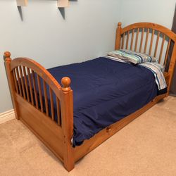 Hardwood Twin Bed, Trundle, and Two Mattresses 