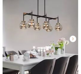Modern Farmhouse 27.5 in. 6-Light Black Island Pendant Light, Brass Dining Room Chandelier with Globe Mercury Glass