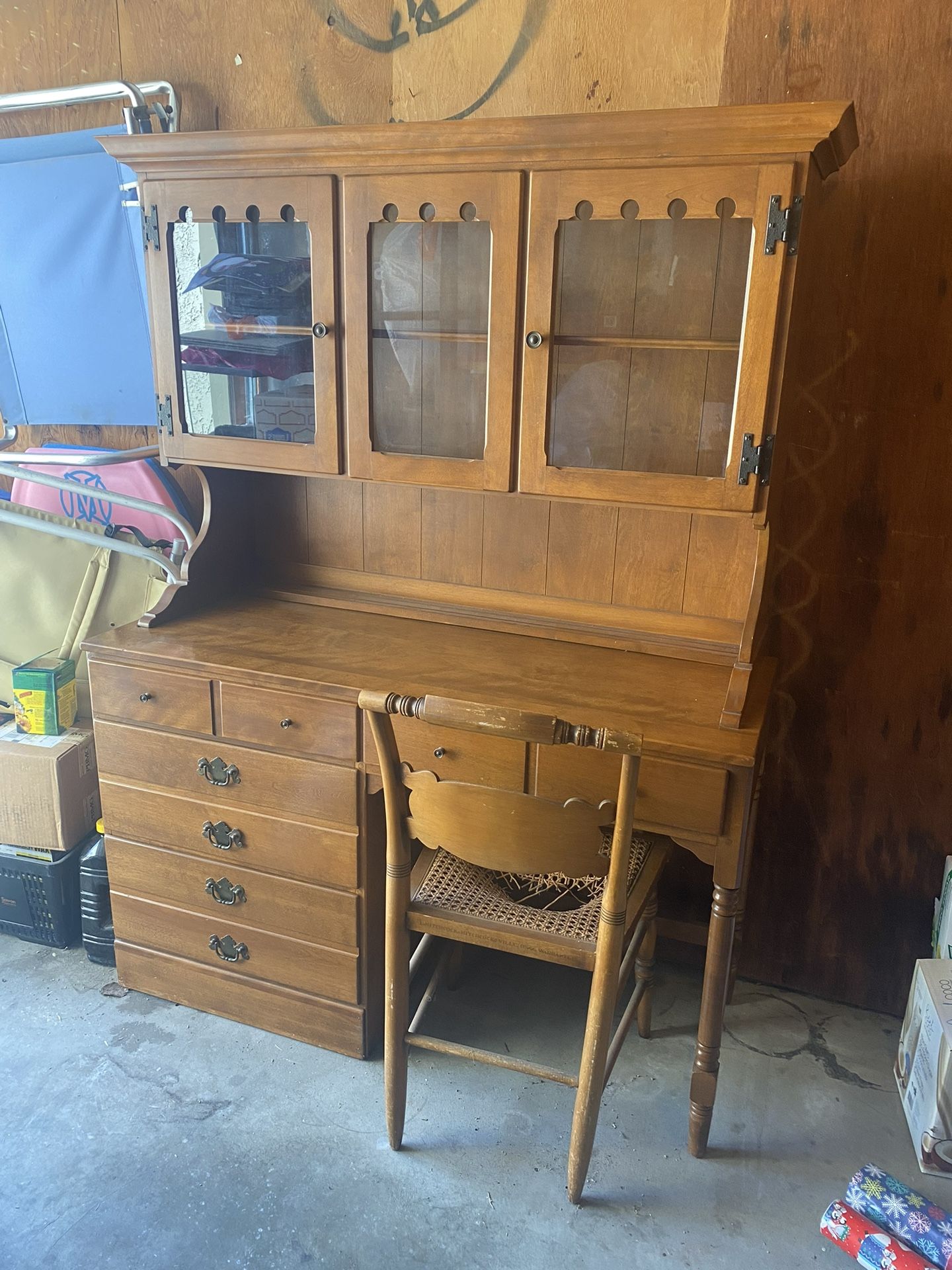 Antique Wood Desk With Glass Cabinet