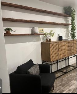 Wood shelves with metal brackets