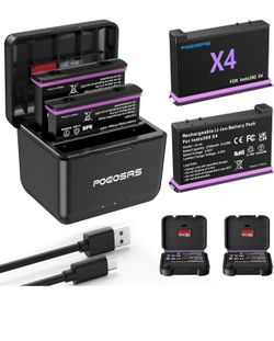 360 X4 Battery for insta360 x4, 2-Pack 2500mAh and 3-Channel Type-C Fast Charger Case Compatible with Insta360 X4 Action Camera Batteries and Charger
