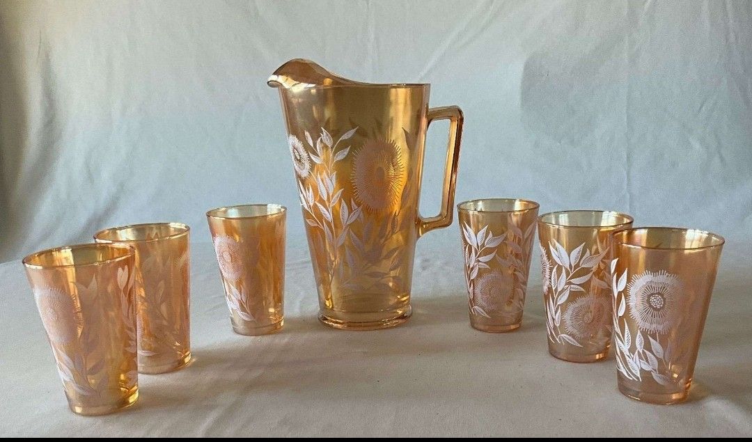 Vintage Jeanette Marigold Iridescent Carnival Glass Pitcher & 6 Glasses Set
